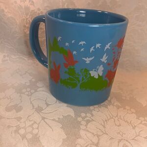 Valley Forge Blue Ceramic Embossed Fox Rabbit Bird Animal Forest  Print 16 Ounce